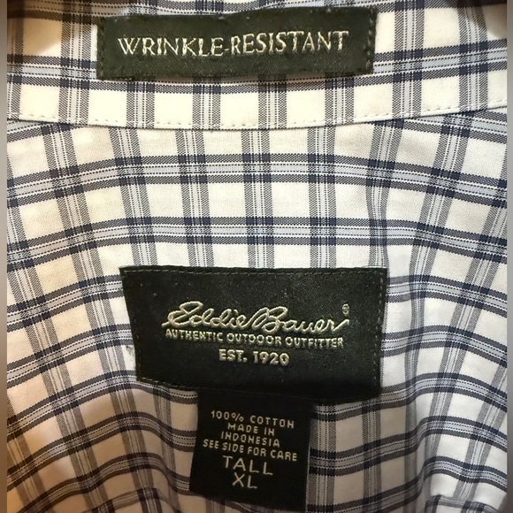 Eddie Bauer Blue Blk White Plaid Button Down Shirt Wrinkle Resistant LNWOT! XL T - Picture 2 of 5